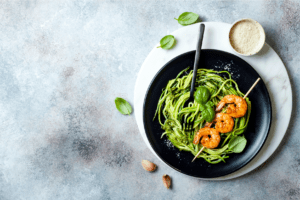 Zucchini Noodles with Avocado Pesto & Shrimp